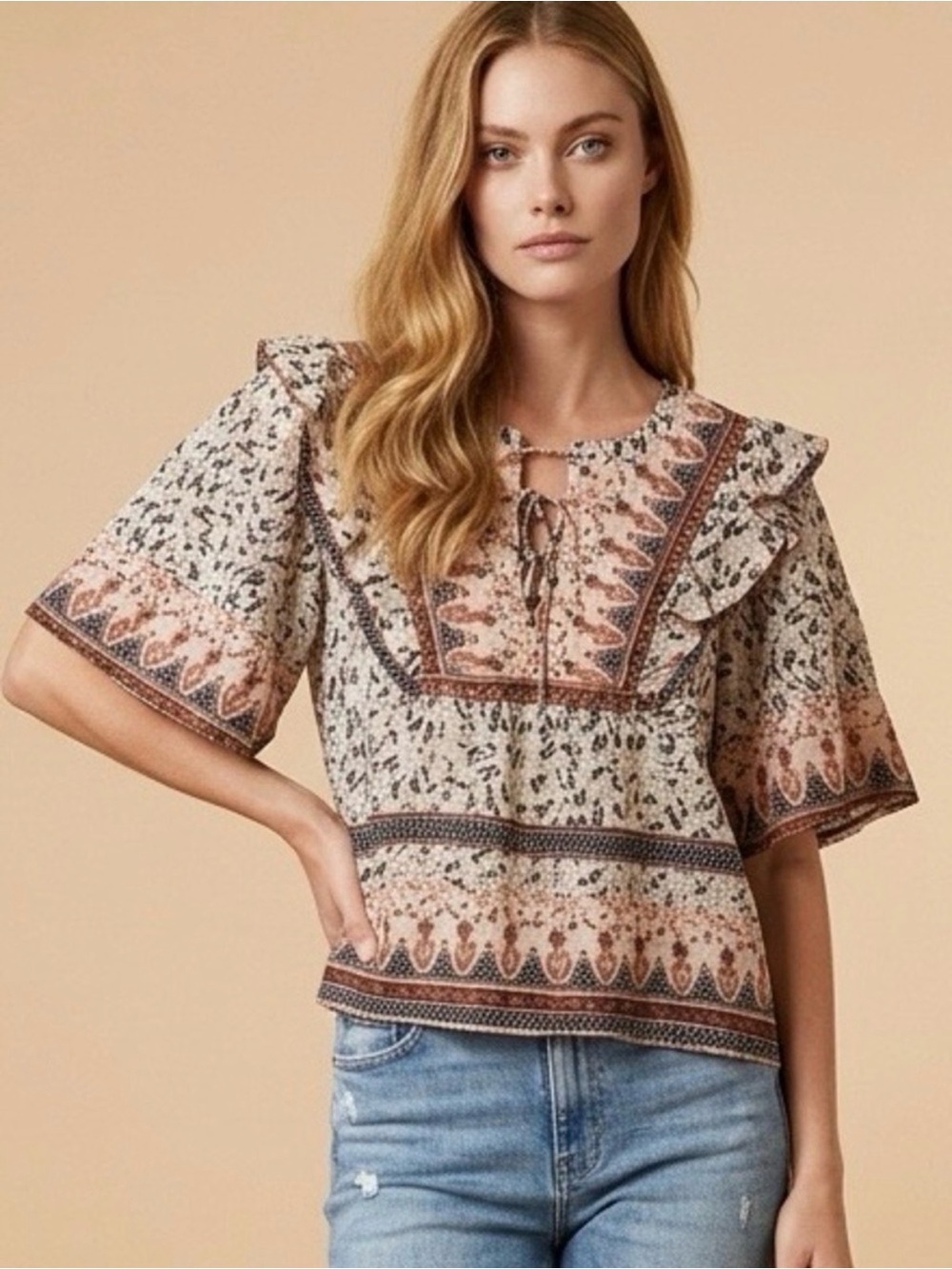 Calypso St. Barth Blush and Cream Boho Ruffle Peasant Top